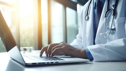 close up of a doctor using a laptop, with generative ai