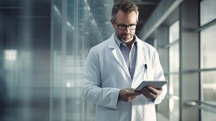 Doctor Using Digital Tablet While Standing In Hospital Corridor with generative ai