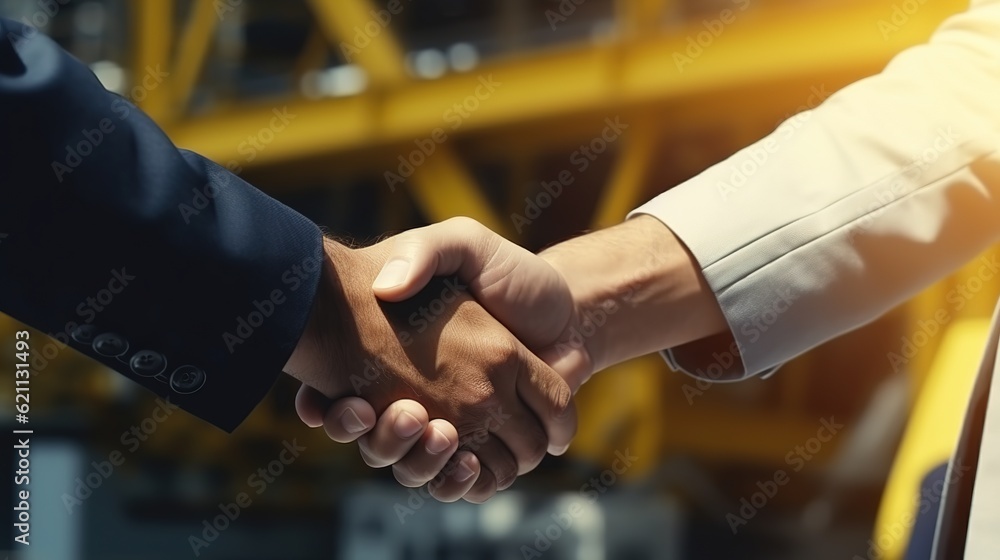 Poster engineers in yellow helmet and the best greetings with the warm handshake team visit the website mod