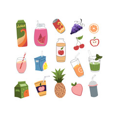 Doodle style juices set. Hand drawn drinks and fruits.