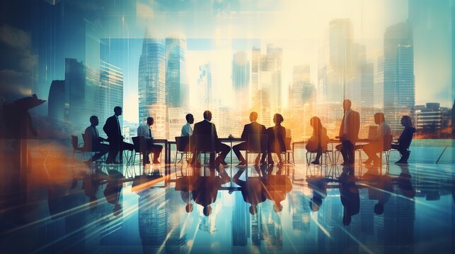 Double exposure image of many business people conference group meeting on city office building in background showing partnership success of business deal. Concept of teamwork with generative ai