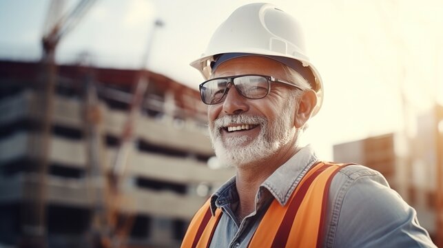 Engineer builder. Happy Foreman work in construction site. senior worker project designer leader, generative ai