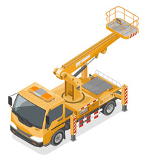 Yellow boom lift truck isometric industrial construction vehicles work concept isolated vector - obrazy, fototapety, plakaty