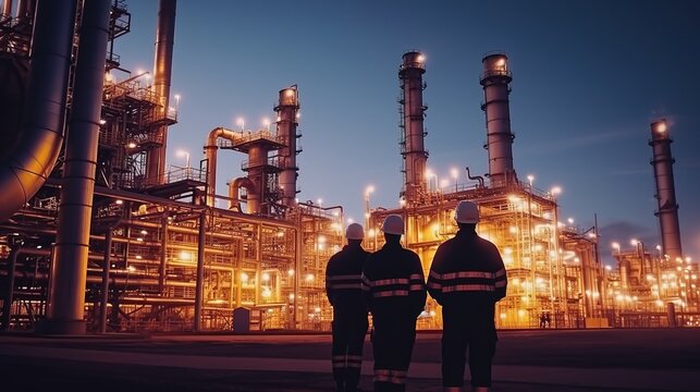 group of workers professional equipment in a petroleum refinery - modern buildings and industrial facilities for the production of fuel and gas, generative ai