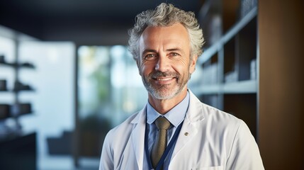 Portrait of physician doctor smiling happy looking to camera wearing lab coat and stethoscope in hallway in office hospital healthcare medical clinic give advice suggestions expertise, generative ai - obrazy, fototapety, plakaty