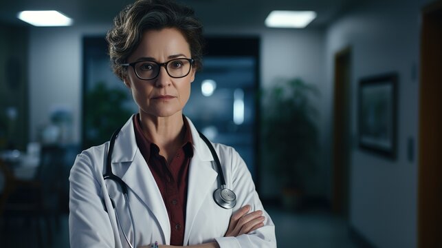 Mature female doctor standing in hallway, arms crossed with generative ai