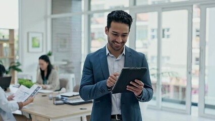 Businessman, tablet and meeting in leadership, research or social media marketing at office. Happy asian man, employee or team manager working or browsing on technology for project in group strategy - Powered by Adobe