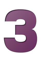 number cut paper 3 dark purple isolated on transparent background