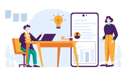 Business people are working together doing meeting, reporting data and brainstorming about marketing strategy in office on white background vector illustration concept in flat design style