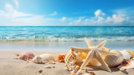 Fototapeta na wymiar Sunny tropical beach with turquoise ocean, summer vacation background, sea shells and starfish on the beach, with generative ai