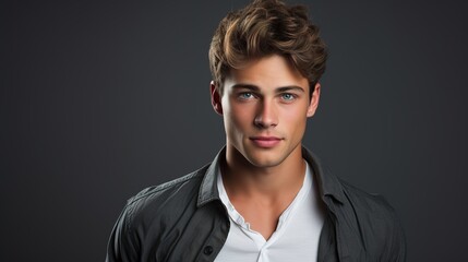 Fototapeta premium Intriguing Gaze: A handsome young man with tousled brown hair and piercing blue eyes gazes intently at the camera, showcasing a captivating combination of youthful charm and a hint of mystery. 