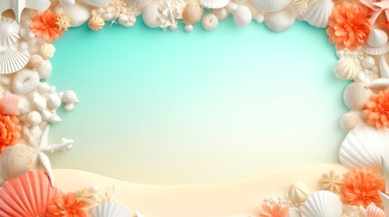 Sea elements card template, beach background design with border frame for template. composition with copy-space, Generative AI illustration