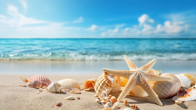 Sunny tropical beach with turquoise ocean, summer vacation background, sea shells and starfish on the beach, with generative ai