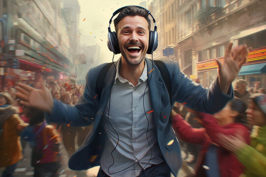 A happily laughing man walks down a noisy city street straight at the camera. Favorite music in headphones will make even going to work on a day off more fun.