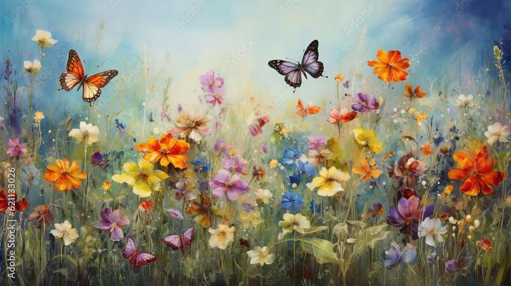 Poster spring meadow with flowers and butterflies, generative ai