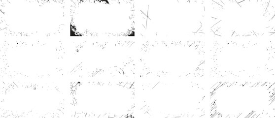 Overlay textures set stamp with grunge effect. Old damage Dirty grainy and scratches. Set of different distressed black grain texture. Distress overlay vector textures.	