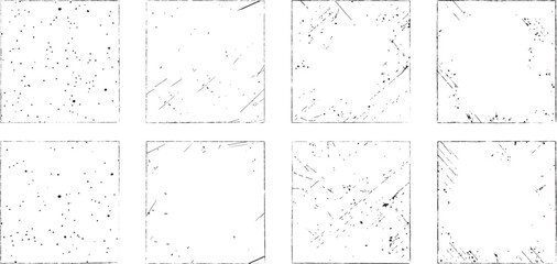 Overlay textures set stamp with grunge effect. Old damage Dirty grainy and scratches. Set of different distressed black grain texture. Distress overlay vector textures.	