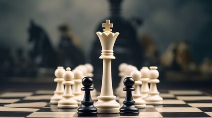 White Chess King among lying down black pawns on chessboard, chess board game for ideas and competition and strategy, generative ai