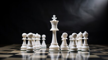 White Chess King among lying down black pawns on chessboard, chess board game for ideas and competition and strategy, generative ai