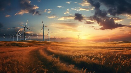 Obraz premium wind turbines in the field at sunset, generative ai