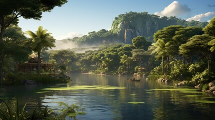 World inspired by the Amazon rainforest, with lush greenery, exotic wildlife, and tribal communities