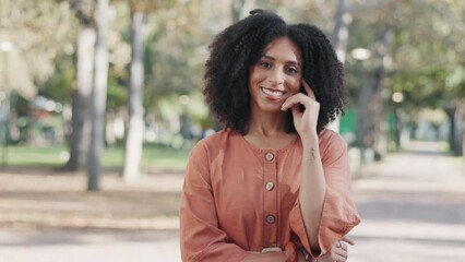 Portrait, pride and woman is confident in park for relaxing with freedom or motivation for travel. Girl, happy and face with positive mindset in outdoor or summer with smile for wellness on weekend.