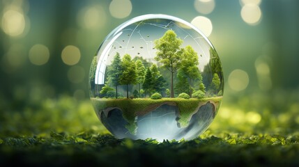 World environment and earth day concept with glass globe and eco friendly environment, generative ai