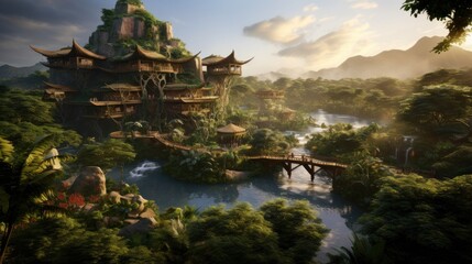 Fototapeta premium World inspired by the Amazon rainforest, with lush greenery, exotic wildlife, and tribal communities