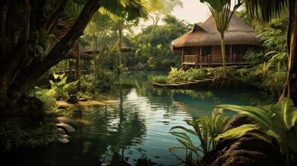 Fototapeta premium World inspired by the Amazon rainforest, with lush greenery, exotic wildlife, and tribal communities