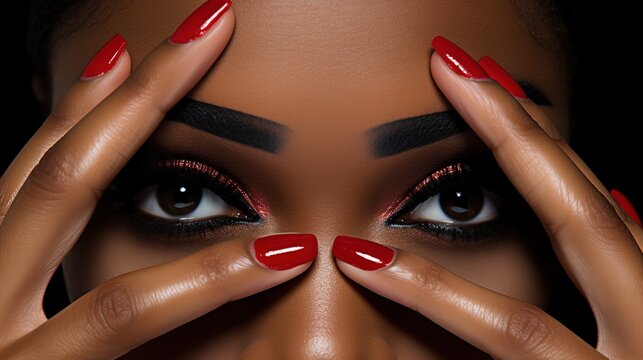 Young African American woman with long lashes, red lips and black nail polish holding her fingers over one of her eyes, close up, with generative ai