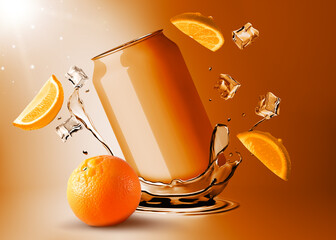 Dynamic Mockup Template Render of Soda Drink Can Advertisement Splashing in the Cool Brisk Water (Orange Flavor)