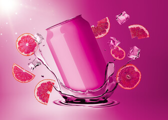 Dynamic Mockup Template Render of Soda Drink Can Advertisement Splashing in the Cool Brisk Water (Grapefruit Flavor)