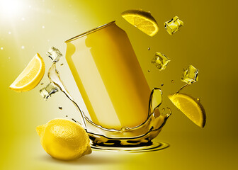 Dynamic Mockup Template Render of Soda Drink Can Advertisement Splashing in the Cool Brisk Water (Lemon Flavor)