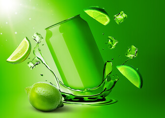 Dynamic Mockup Template Render of Soda Drink Can Advertisement Splashing in the Cool Brisk Water (Lime Flavor)