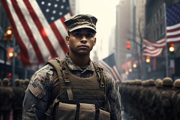 Photorealistic image of a brave serious african-american soldier in uniform against the background of the American flag on Veterans Day.