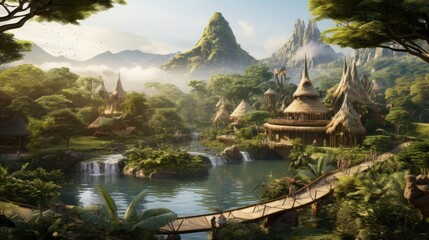 Obraz premium World inspired by the Amazon rainforest, with lush greenery, exotic wildlife, and tribal communities