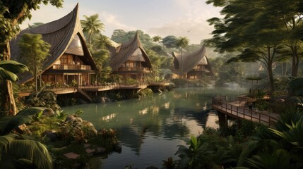 Naklejka premium World inspired by the Amazon rainforest, with lush greenery, exotic wildlife, and tribal communities