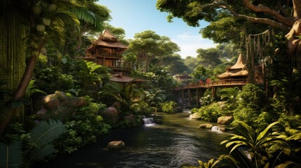 Fototapeta premium World inspired by the Amazon rainforest, with lush greenery, exotic wildlife, and tribal communities