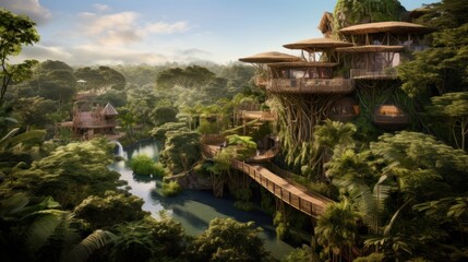 Fototapeta premium World inspired by the Amazon rainforest, with lush greenery, exotic wildlife, and tribal communities