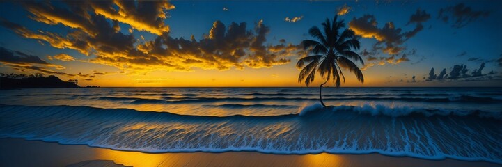 Palms spanning the sea at sunset. Blue background with yellow clouds and sand beach. Indian Ocean sunset seashore. The waves at the shoreline reflect the sea and sky at dusk. evening at the beach