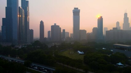 aerial drone view of the of Chicago during a time when the pollution levels in the air are toxic and not safe for citizens. the wild fires from Canada are the cause of the environmental hazard