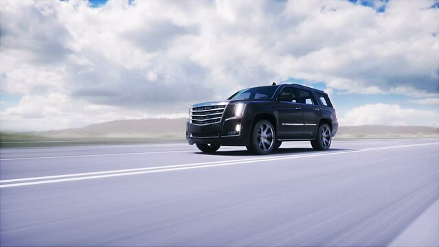 big black luxury car on highway. Very fast driving.