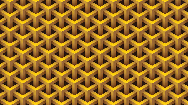 Seamless golden Y pattern, abstract optical illusion geometric interlocking lines with shadows isolated on black background. Vector illustration