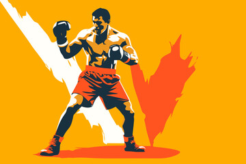 Plakat Hand-drawn cartoon Boxer fighter at boxing match flat art Illustrations in minimalist vector style