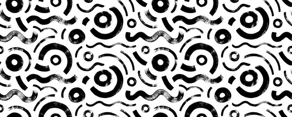 Circular shapes and waves seamless pattern. Brush drawn bold curved lines and circles. Trendy vector design with basic shapes. Messy doodles, bold curvy lines banner. Abstract grunge background.