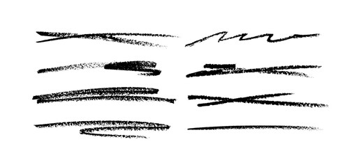 Grunge strikethrough and underline elements. Set of hand drawn pencil lines and strokes. Doodle vector graphic elements. Typography black ink brush lines. Crosses and curved strokes.