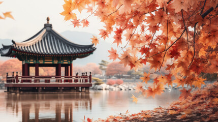 Obraz premium Autumn in Gyeongbokgung Palace and Korean national dress in Seoul,South Korea,ai generater