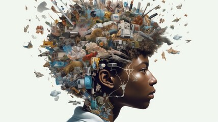 Overwhelming information data explode out of head of young human brain, too much media, too much information, maximalism, news, social media addiction. Generative AI image weber.