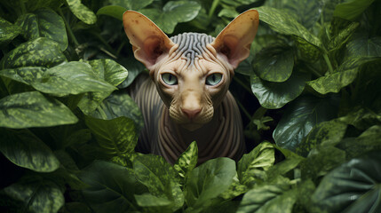 A sphynx cat with piercing blue eyes hiding among lush green foliage


