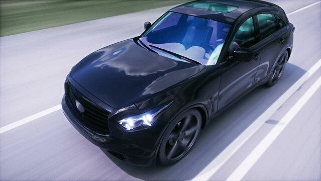 Luxury black car on highway. Very fast driving.